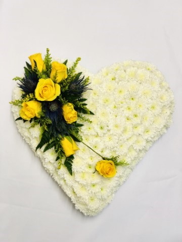 <h2>Classic Heart-Shaped Design with Yellow Roses | Funeral Flowers</h2>
<ul>
<li>Approximate Size W 50cm H 50cm</li>
<li>Hand created white heart in fresh flowers</li>
<li>To give you the best we may occasionally need to make substitutes</li>
<li>Funeral Flowers will be delivered at least 2 hours before the funeral</li>
<li>For delivery area coverage see below</li>
</ul>
<br>
<h2><br />Liverpool Flower Delivery</h2>
<p>We have a wide selection of Funeral Hearts offered for Liverpool Flower Delivery. Funeral Hearts can be provided for you in Liverpool, Merseyside and we can organize Funeral flower deliveries for you nationwide. Funeral Flowers can be delivered to the Funeral directors or a house address. They can not be delivered to the crematorium or the church.</p>
<br>
<h2>Flower Delivery Coverage</h2>
<p>Our shop delivers funeral flowers to the following Liverpool postcodes L1 L2 L3 L4 L5 L6 L7 L8 L11 L12 L13 L14 L15 L16 L17 L18 L19 L24 L25 L26 L27 L36 L70 If your order is for an area outside of these we can organise delivery for you through our network of florists. We will ask them to make as close as possible to the image but because of the difference in stock and sundry items, it may not be exact.</p>
<br>
<h2>Liverpool Funeral Flowers | Hearts</h2>
<p>This beautiful classic heart-shaped design covered with a mass of white double spray chrysanthemums and finished with a spray of yellow roses, eryngium and ruscus.</p>
<br>
<p>When a heart is sent as a funeral tribute it is symbolic of comfort in ones last resting place. It makes deeply personal statement that is indicative of the love and compassion felt by immediate family or closely bereaved.</p>
<br>
<p>Contents of the product:18 inch heart frame, 25 white chrysanthemums, 8 yellow roses, 2 blue eryngium, together with steel grass and french ruscus.</p>
<br>
<h2>Best Florist in Liverpool</h2>
<p>Trust Award-winning Liverpool Florist, Booker Flowers and Gifts, to deliver funeral flowers fitting for the occasion delivered in Liverpool, Merseyside and beyond. Our funeral flowers are handcrafted by our team of professional fully qualified who not only lovingly hand make our designs but hand-deliver them, ensuring all our customers are delighted with their flowers. Booker Flowers and Gifts your local Liverpool Flower shop.</p>
<p><br /><br /></p>
<p><em>Jane Catherine and family - Review by post - Funeral Florist Liverpool</em></p>
<br>
<p><em>Thank you so much for the amazing flowers you arranged for our mum she would have loved them. Love Jane, Catherine and family</em></p>